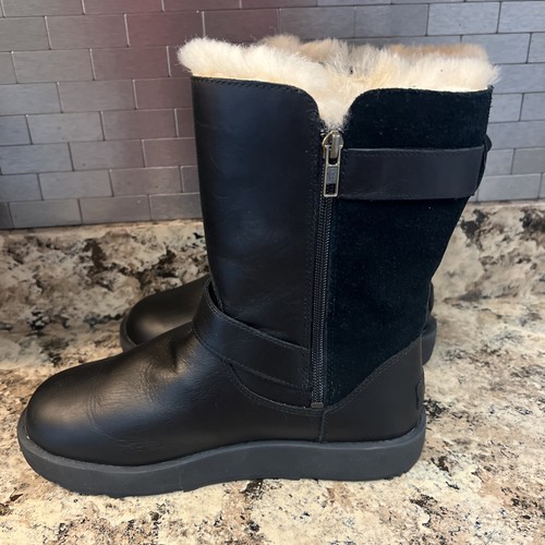 UGG Mujer Talla 8 Breida Bota Impermeable Cuero Negro Piel de Oveja Forrada Suela Vibram - Imagen 2 de 11