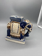 Vintage Glazed Ceramic Elephant Ashtray Blue/Creamy White Great Condition