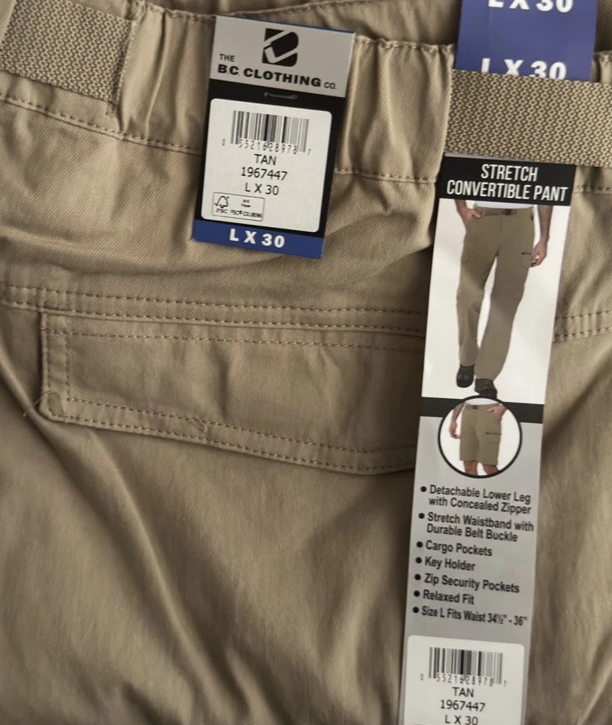 BC Clothing Mens Stretch Convertible Cargo Pants & Short Size Large x 30 Tan NWT