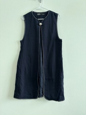 Zara Vest Long Line Blazer Women L Navy Blue Office Basic Sleeveless