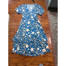 Blue Floral Block Print Wrap Midi Dress Short Puff Sleeve Tiered Ruffle Boho
