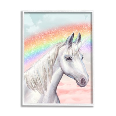 Unicorn Under Sparkle Rainbow Cloudy Sky, Designed by Ziwei Li White Framed W...