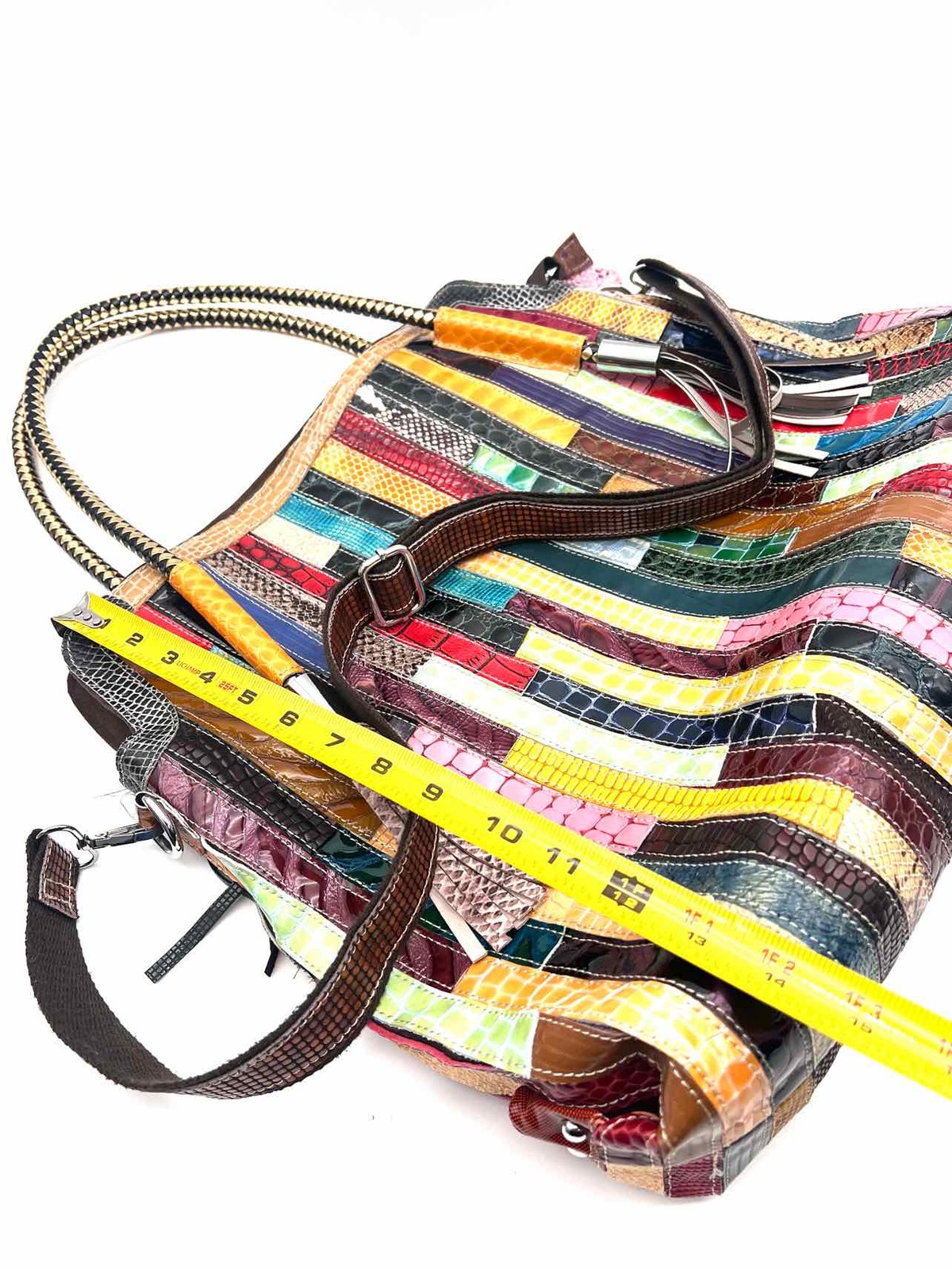 Size Tan/Multi Reptile Patchwork Purses Satchel - image 9