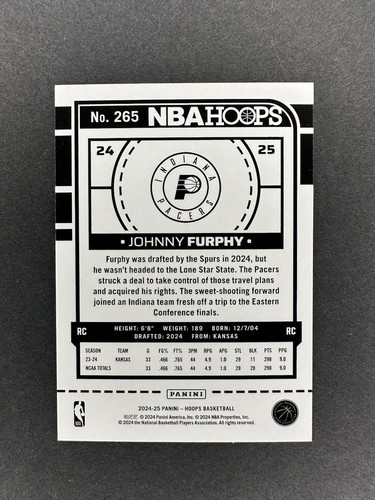 2024-25 Panini NBA Hoops Winter Johnny Furphy RC Purple Opti-Chrome Prizm #265 - Picture 2 of 2