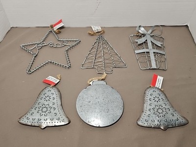 Christmas Ornaments Tin Wire Aluminum Lot Of 6 Star, Tree, Present, Bells, Ball