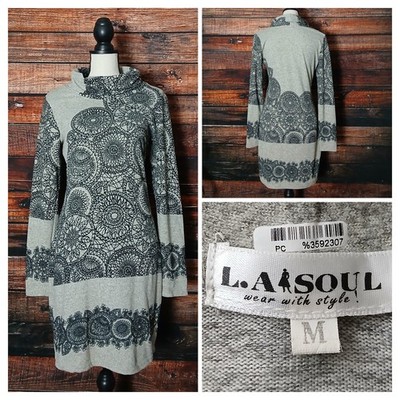 LA Soul Sweater Dress Size M Cowl Neck Gray Black Mandala Soft Knit 