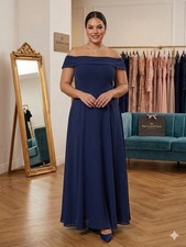 Women's Adrianna Papell Navy Blue Chiffon Off the Shoulder Maxi Dress Size 6