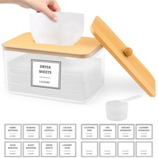 Dryer Holder - Clear Dryer Sheets Container with Lid, 16 Labels and Scoops fo...