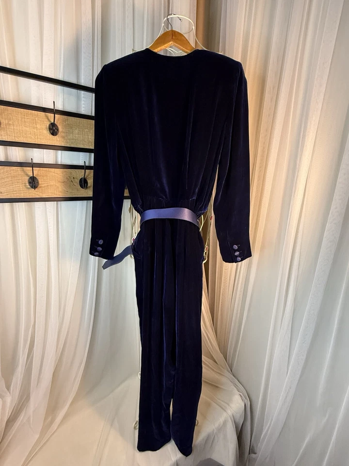 MUJER VINTAGE LIZ CLAIBORNE AZUL MARINO SEDA TERCIOPELO MONO FIESTA 8 Foto 3 de 4