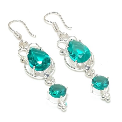 Mint Tourmaline Gemstone Handmade 925 Starling Silver Jewelry Earring Sz 2.25''