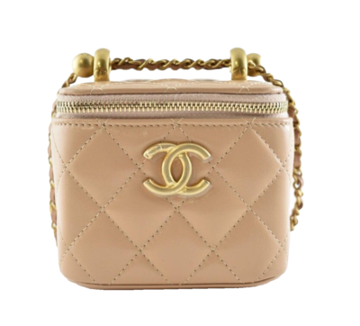 Chanel 21A Beige Mini Vanity With Chain Pearl Crush Logo Shoulder