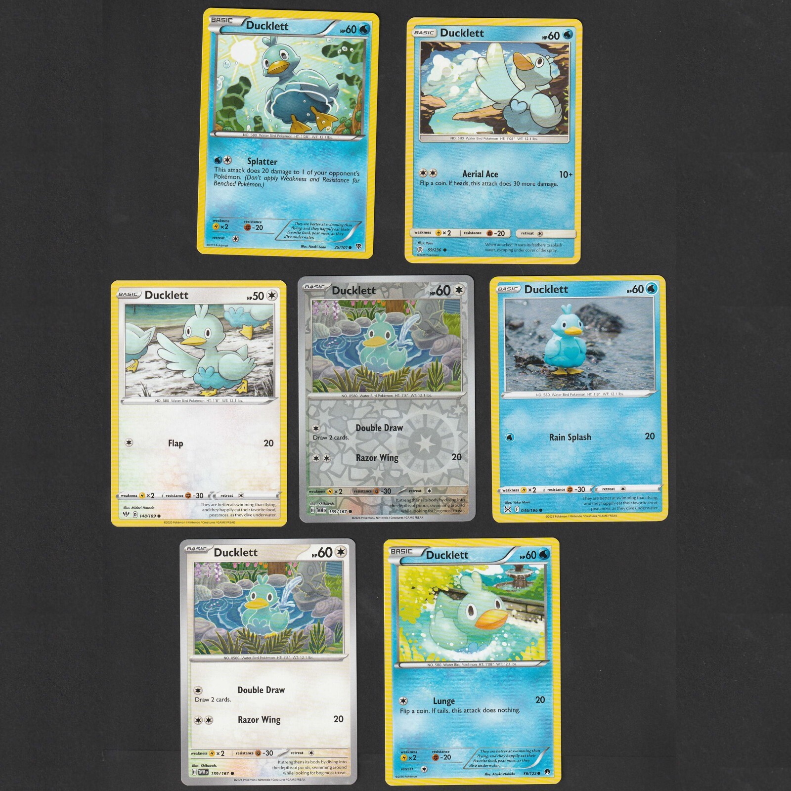 Ducklett Pokemon Card Collection Set of 7 English Cards Reverse Holo Cute Water