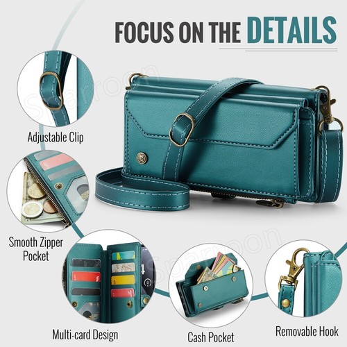Wallet Case For iPhone 16 15 14 13 12 Pro Max Plus Leather ZIP Bag Strap Cover - Picture 54 of 70