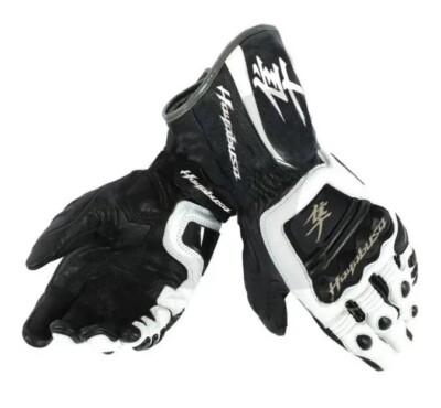 Hayabusa Black & White Motorcycle Leather Racing Gloves Motorbike Riding Gloves 
