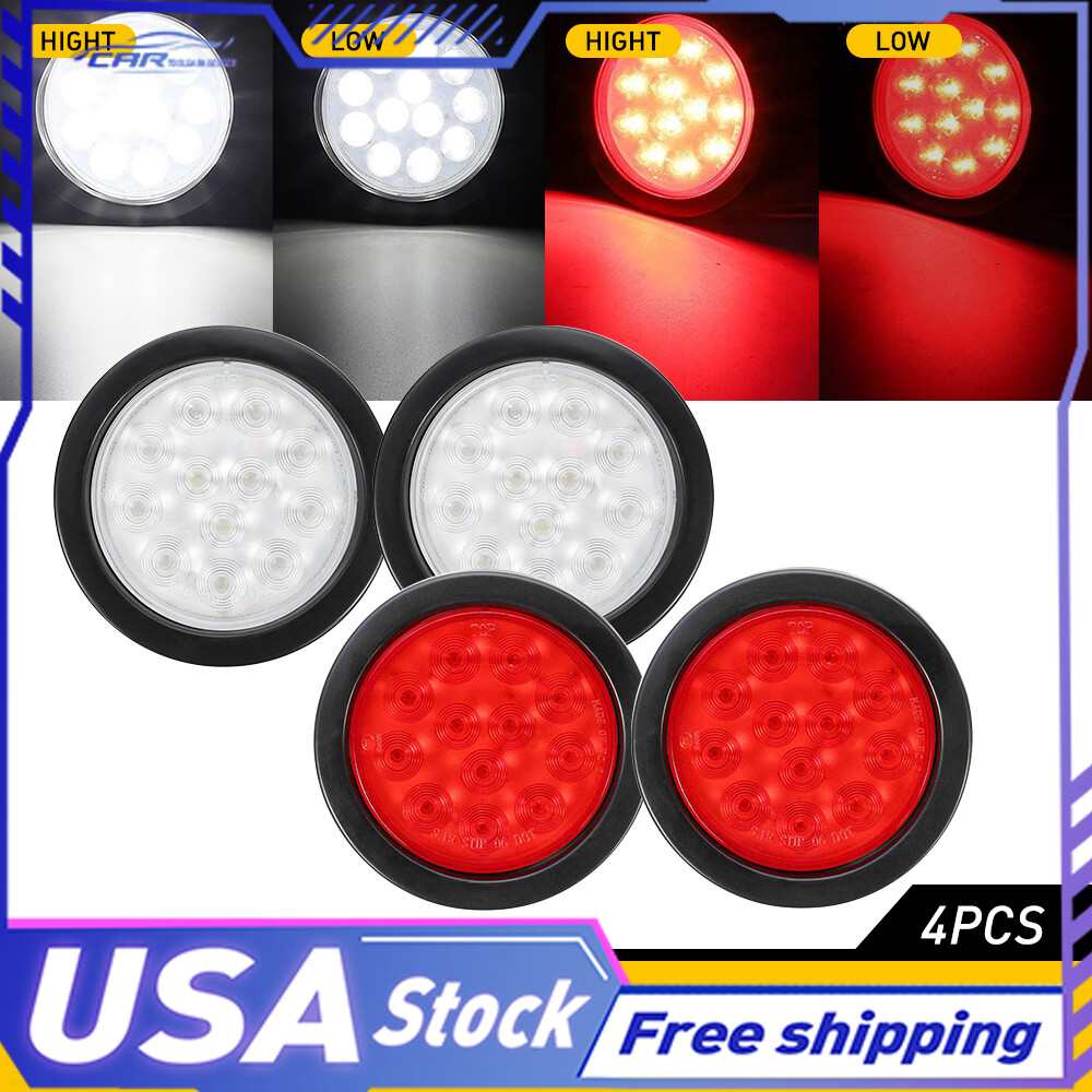 4PCS 4-Inch Round 12-LED Red & White Stop Tail Turn Lights for Truck Trailer