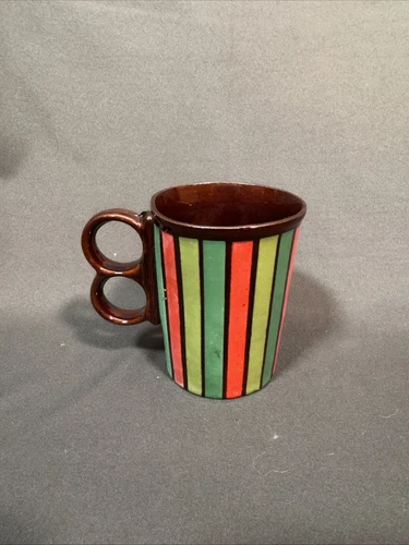 Vintage MCM Double Finger Handle Striped Pottery Mug - Made In Japan