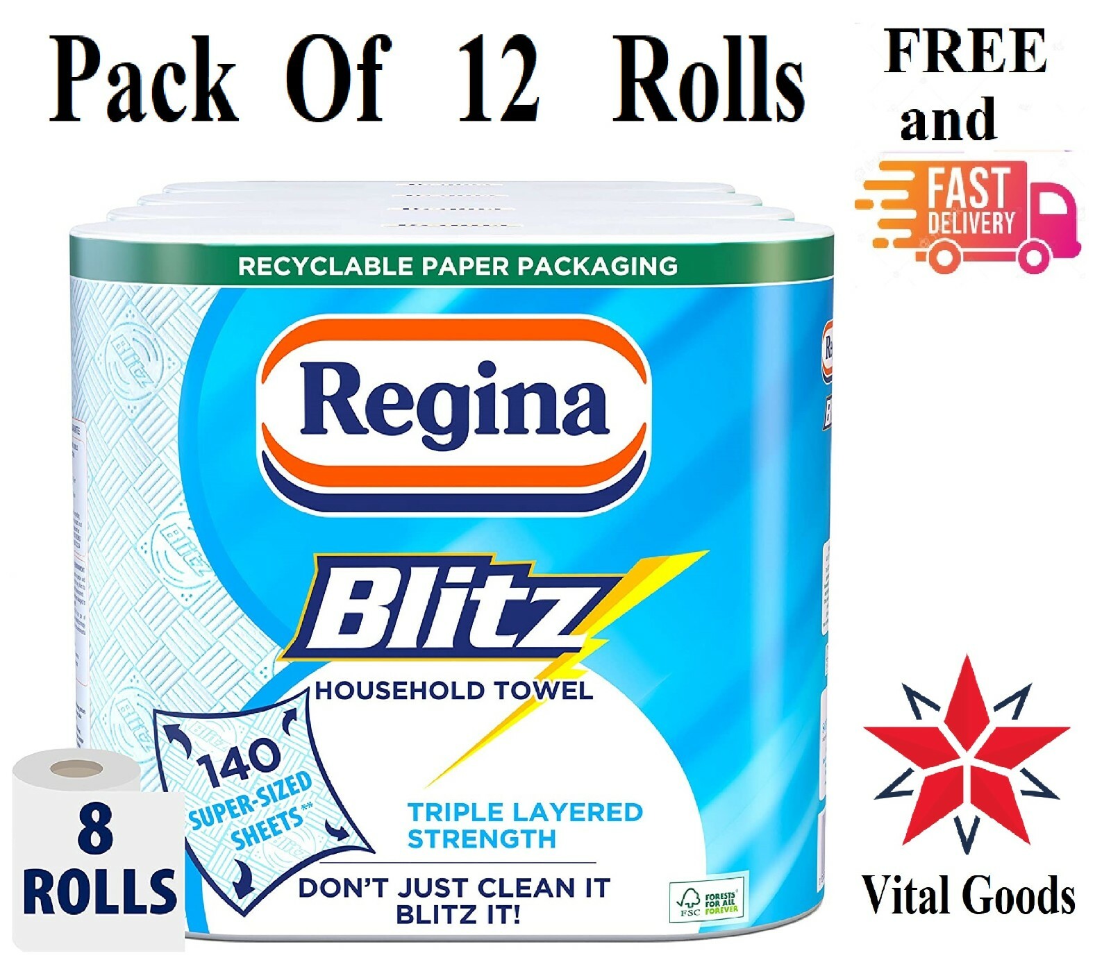 Regina Blitz 3 Ply Kitchen Towel Jumbo Rolls Household Towel 8 12 16