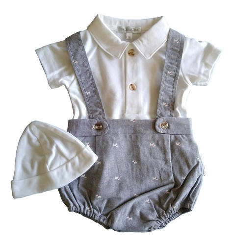Baby Boy Outfit Spanish Style Grey Westie Dog Romper Dungarees NB 0 3 6 Months - Picture 3 of 20