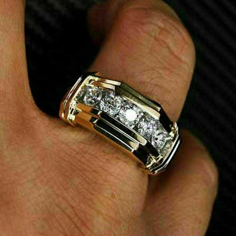 Men's 5-Stone Moissanite Wedding Band in 14K Yellow Gold Plated Silver-image