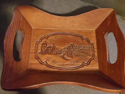 Vintage ''Give Us This Day Our Daily Bread'' Carved Wood Wooden Tray Bread Basket 