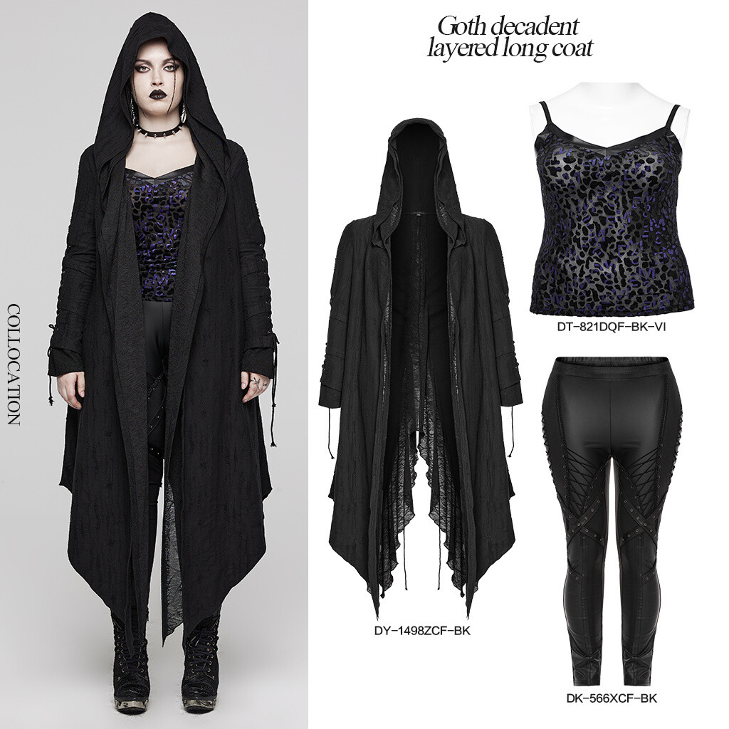 Punk Rave Women Black Gothic Decadent Layered Hooded Long Plus