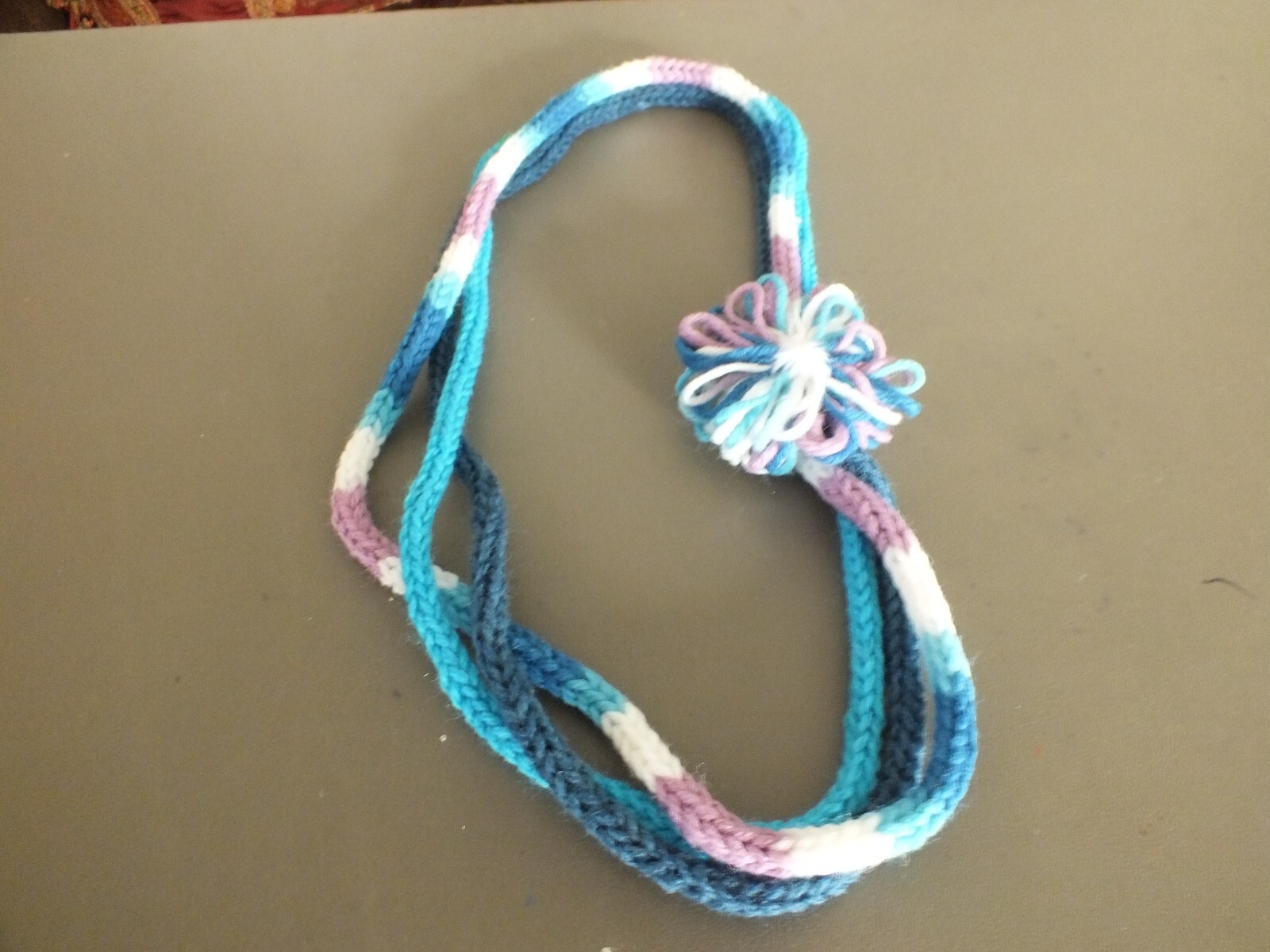 Handmade Crocheted Blue Plum White Yarn Scarf Necklace 28 Inches One of a Kind