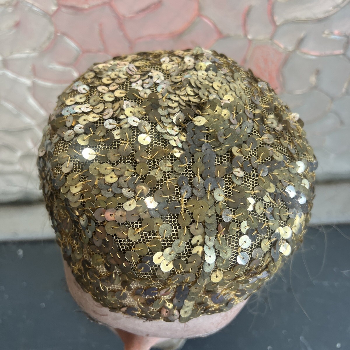 Vintage 1930 Gold Sequin on Cream Mesh Tulle Hat Headpiece  display picture 3