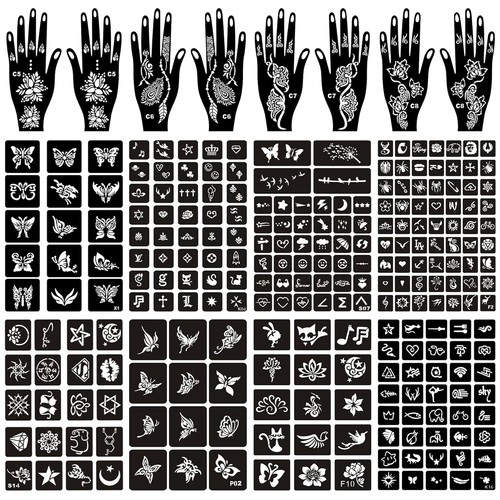 16 Sheets Henna Tattoo Stencils Kit Reusable for Women Girls Black 150+pcs