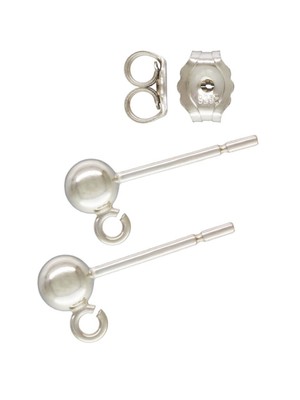 2 Pairs 925 Sterling Silver 4mm Ball Earrings w/Ring & Back for Jewelry Making