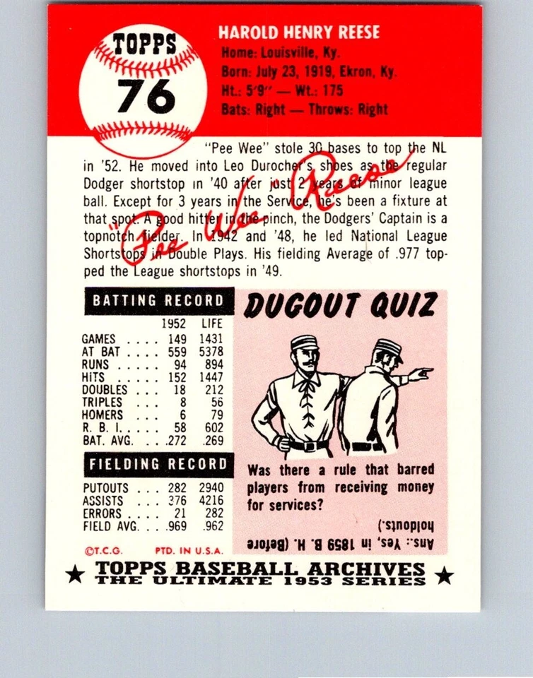 VINTAGE BASEBALL CARD TOPPS PEE WEE REESE BROKLIN DODGERS - Image 2 of 2