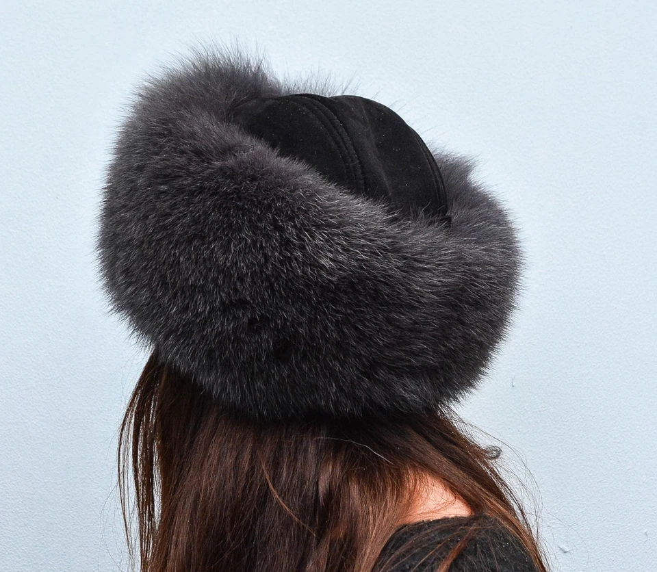 Saga Furs Granite Gray Fox Fur & Black Suede Leather Women's Winter Roller Hat - Image 4 of 4
