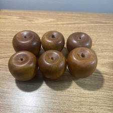 Vintage MCM Hand Carved Fruit Wooden Lot of 6 Apples With Leather Stems