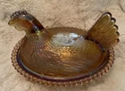 Vtg. Indiana Glass Iridescent Amber Carnival Glass Hen On Nest. Read
