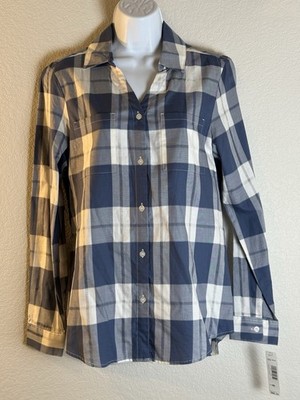 PENDLETON Rockaway cotton blue check v neck button down long sleeve shirt M