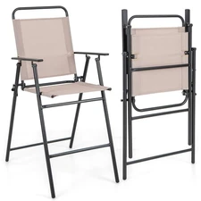 2PCS Patio Folding Bar-height Chairs W/Armrests Quick-drying Seat Beige Backyard
