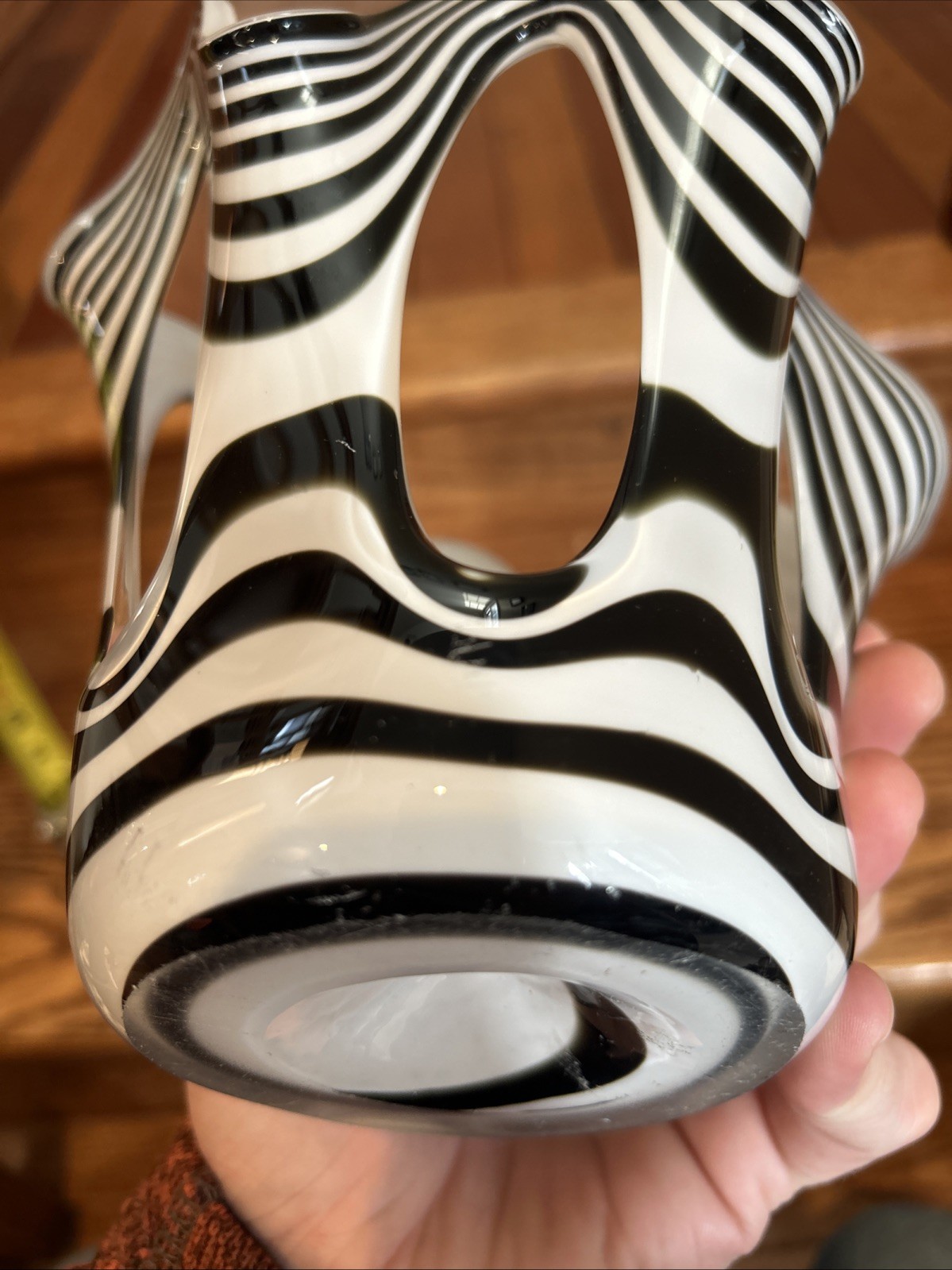 MCM Zorza Art Glass/Candle Holder Hand Made In Poland Black & White Zebra Swirl