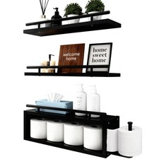 3 PCS Wood Floating Shelves Black Bathroom Over Toilet Paper Towel Holder