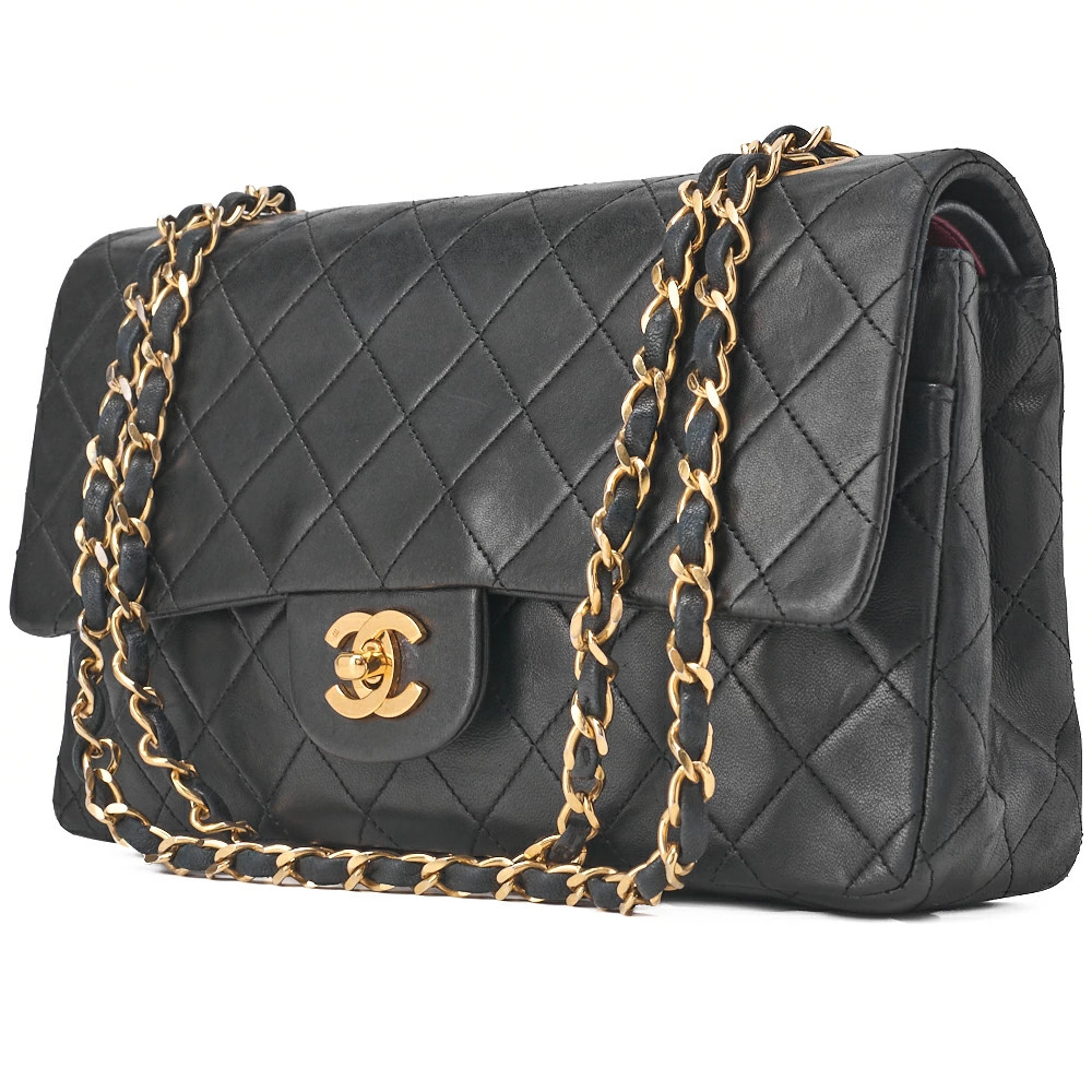 Chanel Matelasse Double Flap 25cm Black Lambskin Shoulder Bag with Chain