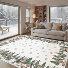 Winter Snowman Reindeer Washable Area Rug 5 X 7 Ft, Pine Tree Soft Non Slip Larg