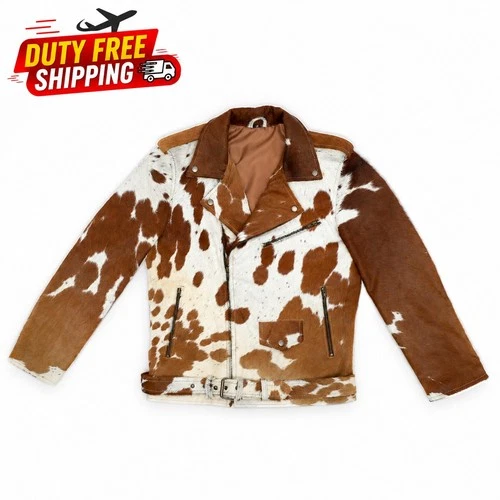 Brown White Cowhide Hair On Hide Biker Jacket Asymmetrical Western Motorcycle - product listing photo