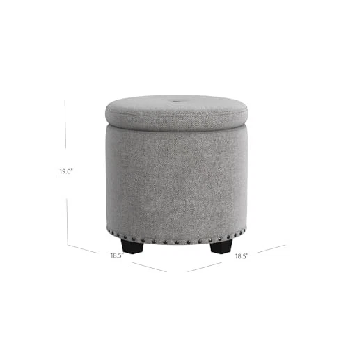 Grey Woven Round Storage Ottoman With Lift Off Lid And Nailhead Design - Image 3 of 4