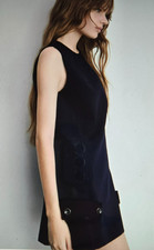 Mango MNG Women's Sleeveless Navy Dress Decorative Buttons Side Slits Size 8 NWT