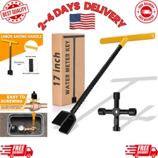 17" Water Meter Key, 4-Way Multi-Functional Shut Off Tool for Curb & Main Valves
