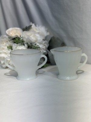 Vintage Set Of Fire King Creamer & Sugar Bowl White Swirl Gold Rim Milk Glass