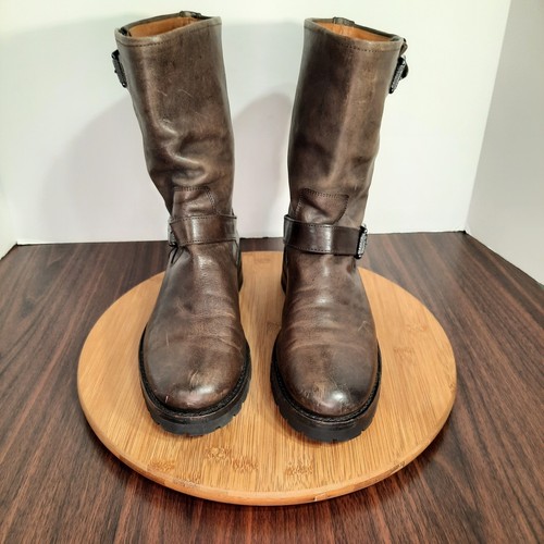 Frye Natalie Mid Womens Size 8.5 Boots Brown Leather Engineer Buckle Pull On - Picture 2 of 11