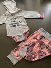 Baby girl outfit: gray hooded romper and pink floral sweatpants, size 3 6 months
