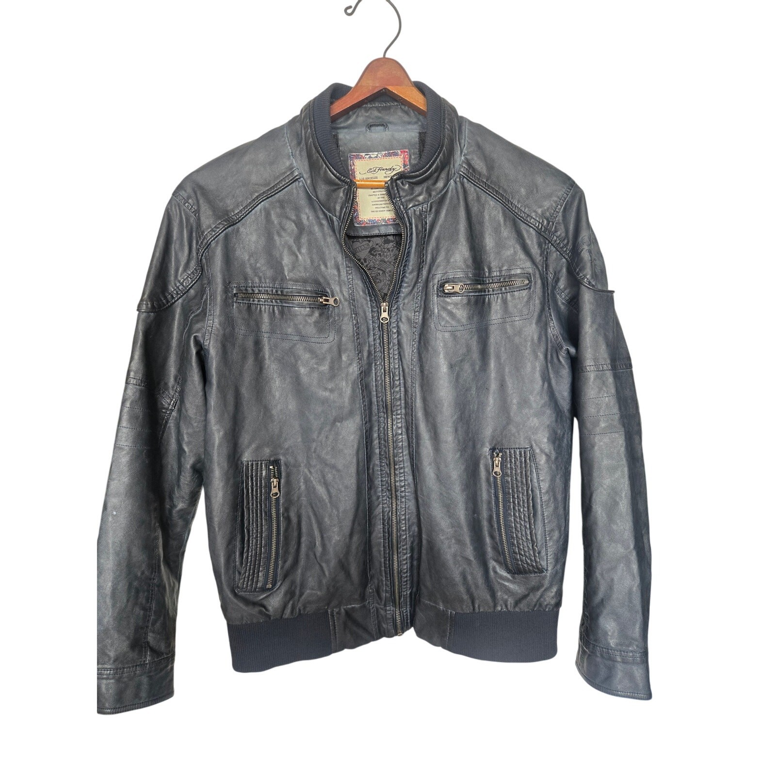 Vintage Y2K Ed Hardy Mens Dark Blue PU Blend Zip Jacket