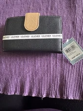 Mundi Women’s Black & Tan Indexer Bifold Wallet, Pebbled Genuine Leather