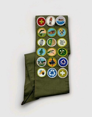 Vintage 1970s BSA Boy Scout Merit Badge Sash Lot 18 Patches Green Border Eagle