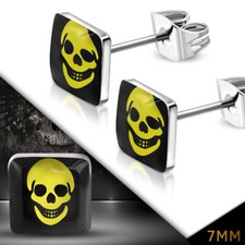 PAIRE BOUCLES D'OREILLES HOMME ADO CARRÉ ACIER ET ACRYLIQUE TÊTE DE MORT TTE072